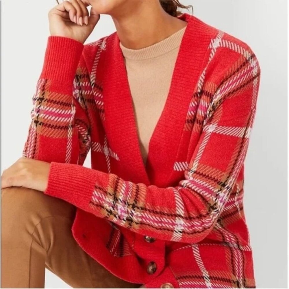 Ann Taylor Plaid Jacquard Boyfriend Cardigan